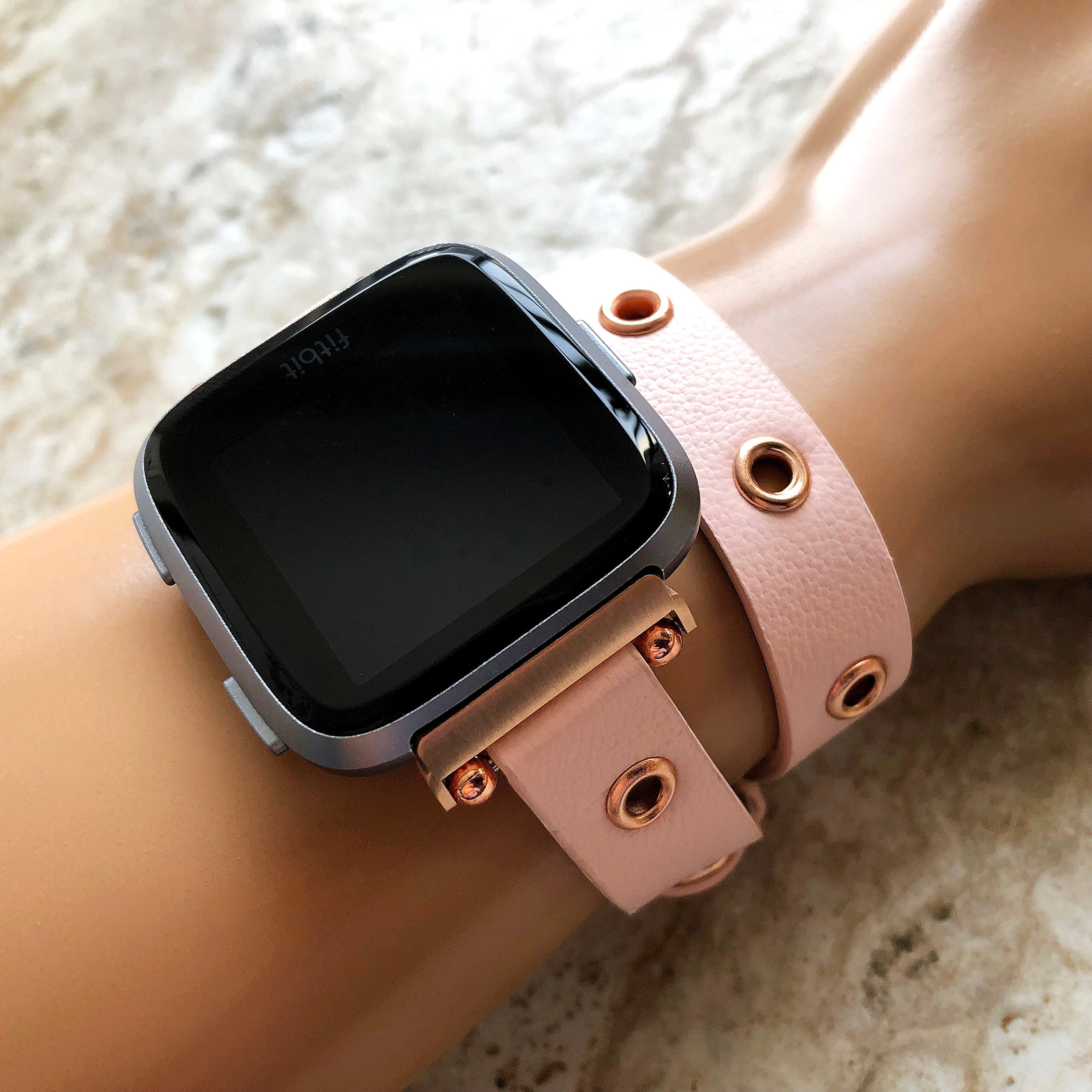 Fitbit Grommets Band for Versa 2 3 4 Sense 2 Pink Eco Leather Watch Strap Double Wrap Around Wrist Bracelet Silver Rose Gold Black Buckle